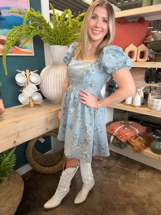 dusty blue floral puff sleeve boutique dress at Pill Box Boutique