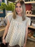 cream floral flutter sleeve boutique blouse at Pill Box Boutique