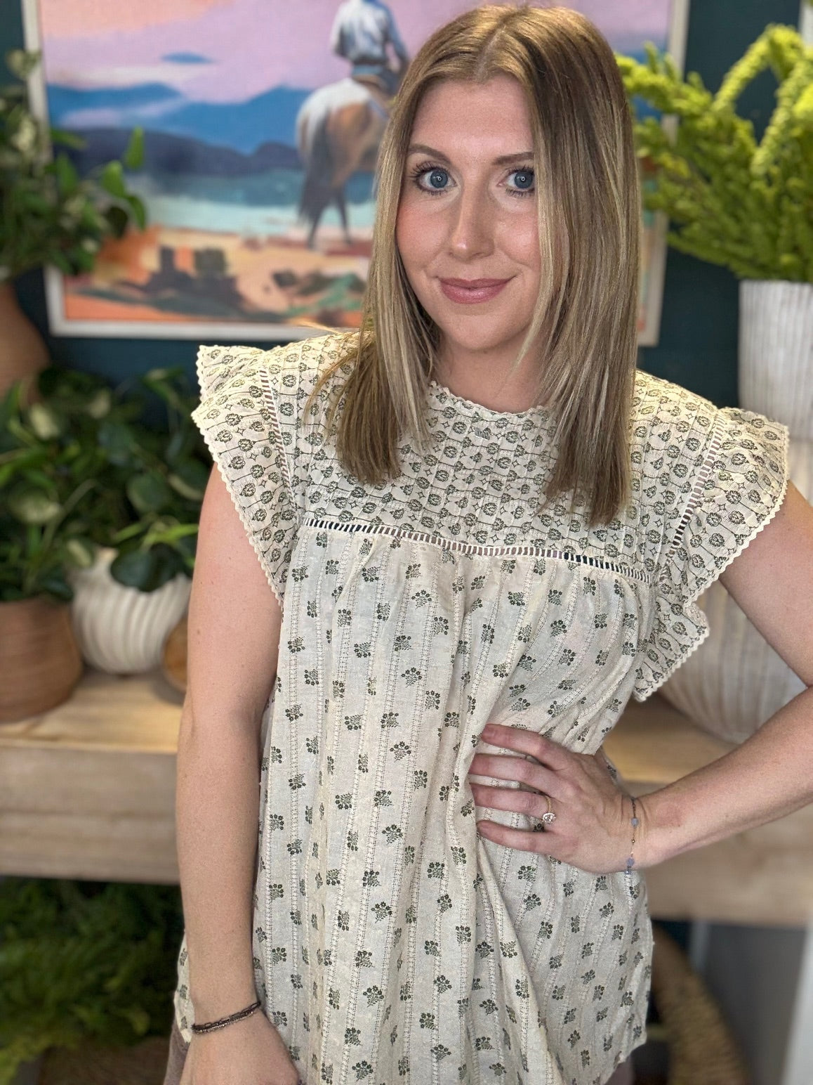 cream floral flutter sleeve boutique blouse at Pill Box Boutique