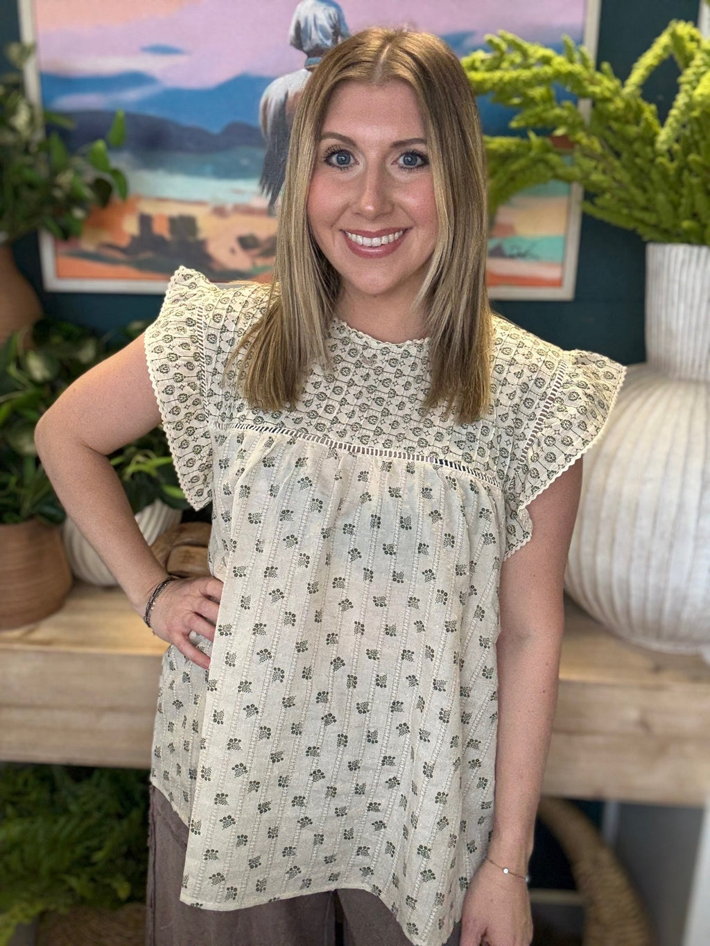 cream floral flutter sleeve boutique blouse at Pill Box Boutique