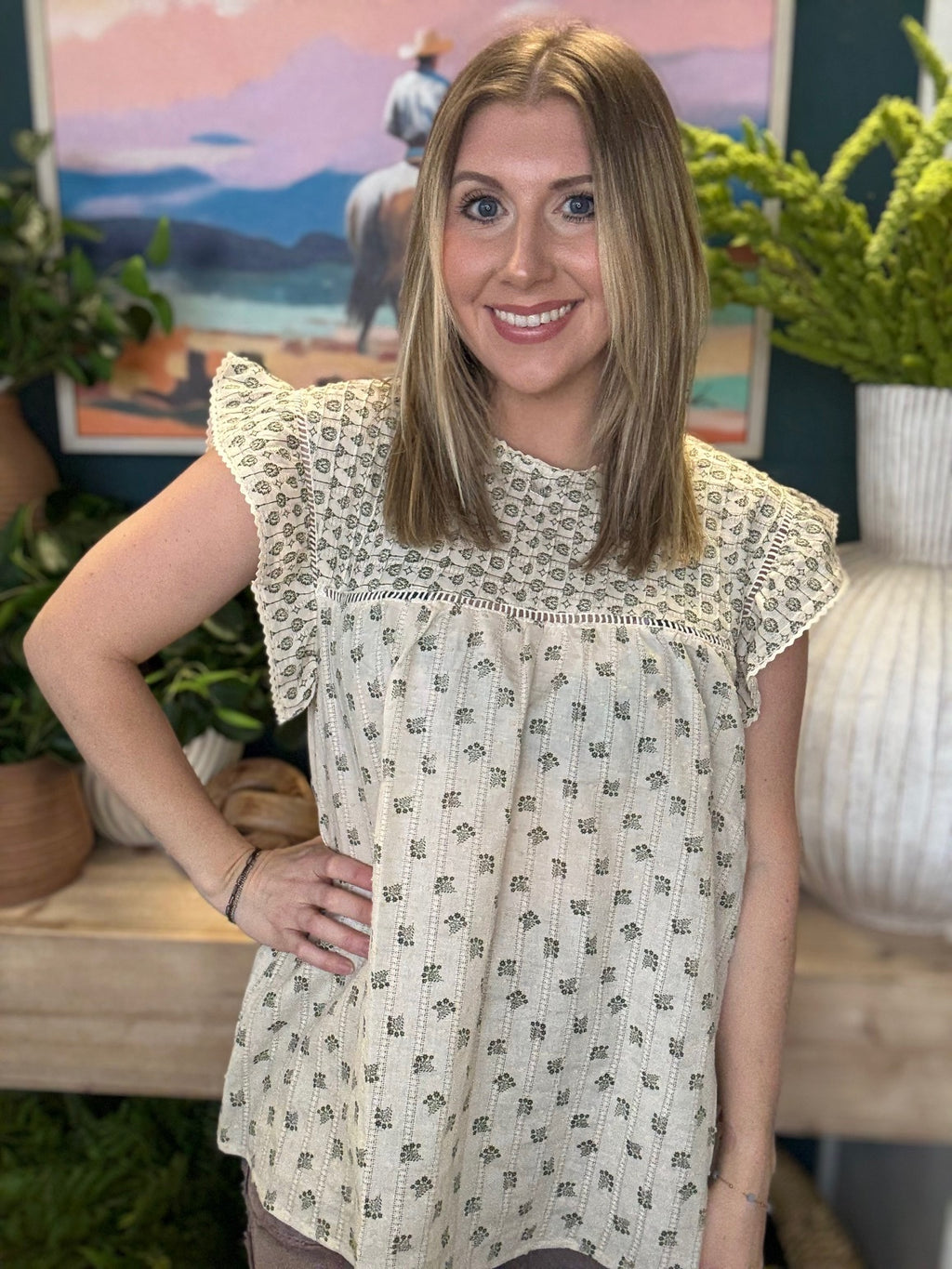 cream floral flutter sleeve boutique blouse at Pill Box Boutique