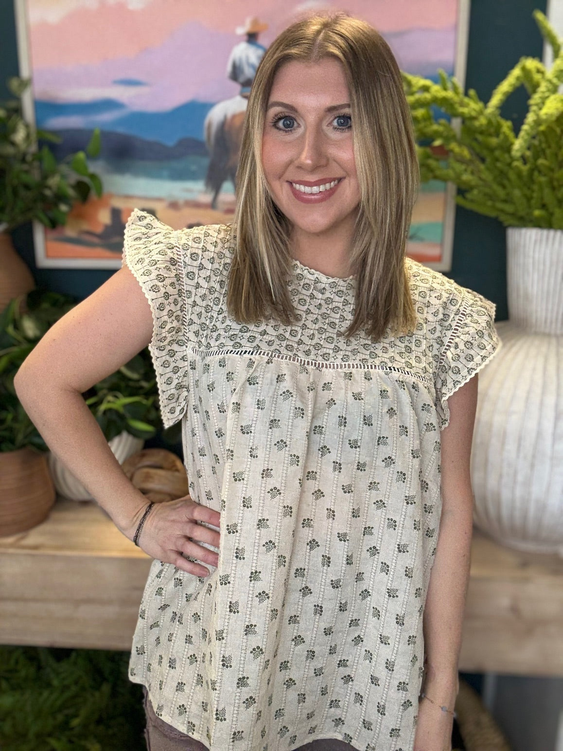 cream floral flutter sleeve boutique blouse at Pill Box Boutique