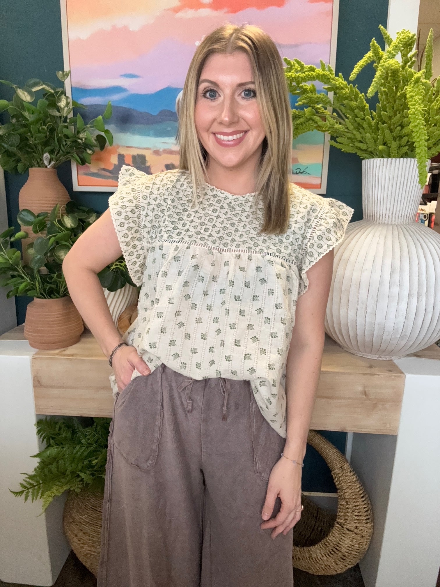 cream floral flutter sleeve boutique blouse at Pill Box Boutique