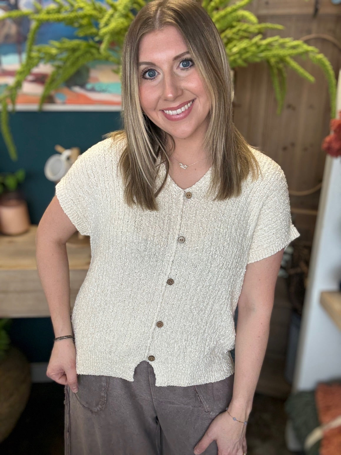 Cream Textured Button Front Boutique Top