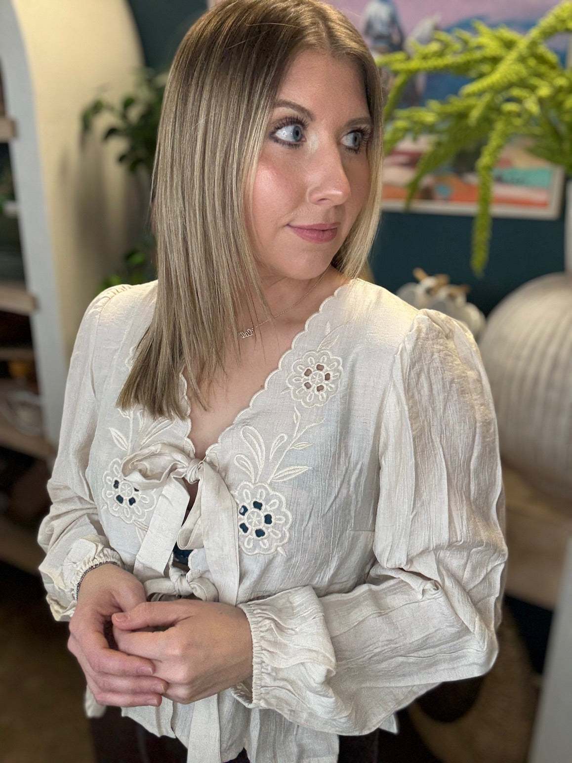 Cream Embroidered Tie Front Boutique Top