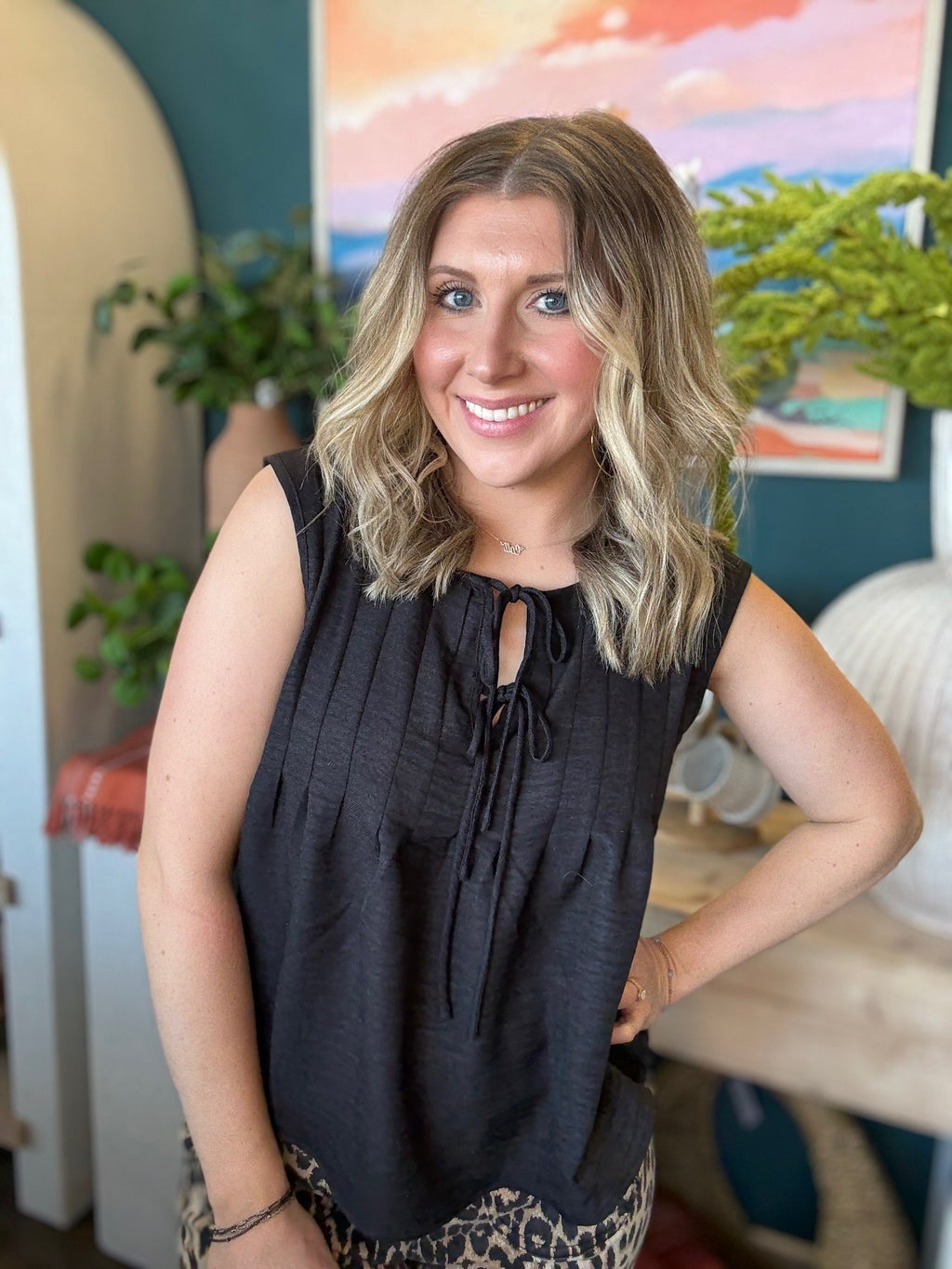 Black tie front sleeveless boutique top for women stylish casual clothing at Pill Box Boutique Willard Missouri

Tags: