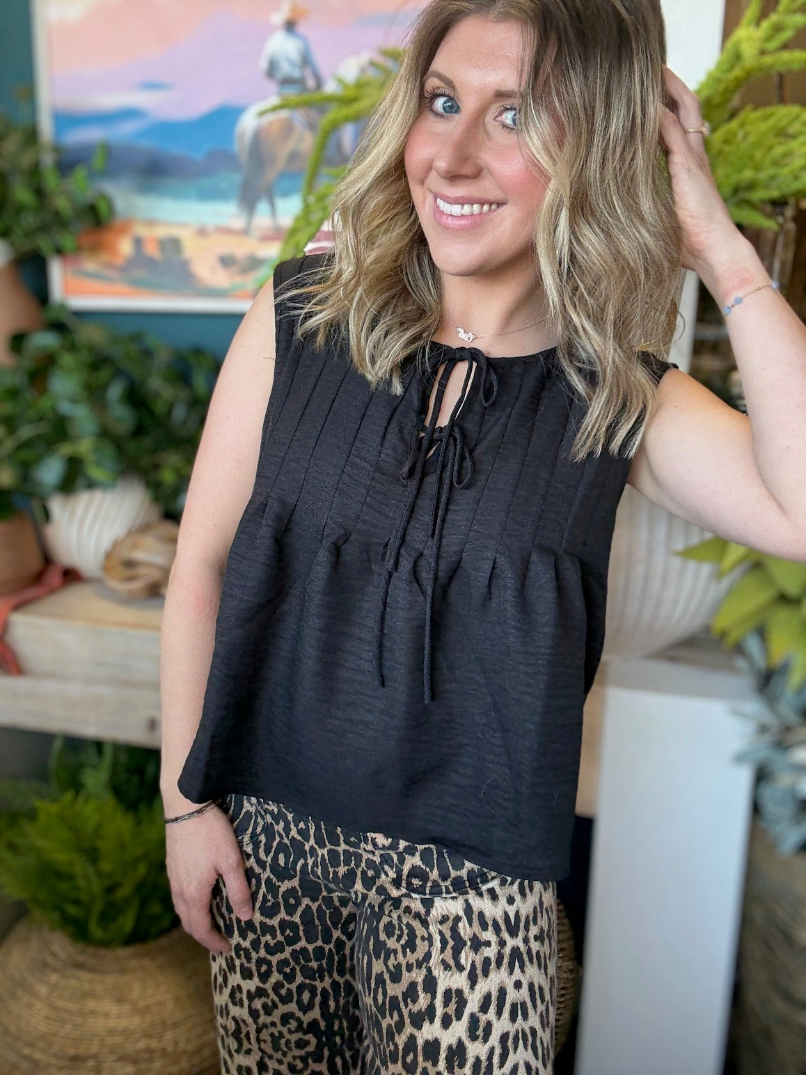 Black tie front sleeveless boutique top for women stylish casual clothing at Pill Box Boutique Willard Missouri

Tags: