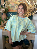 women's mint green and blue striped oversized knit top with relaxed fit and wide sleeves