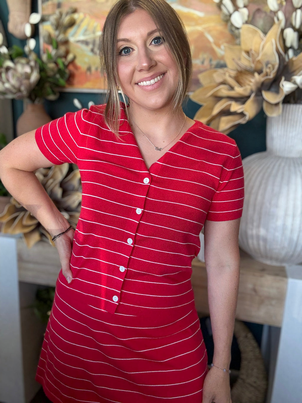 women's red pinstripe cardigan and matching mini skirt knit set