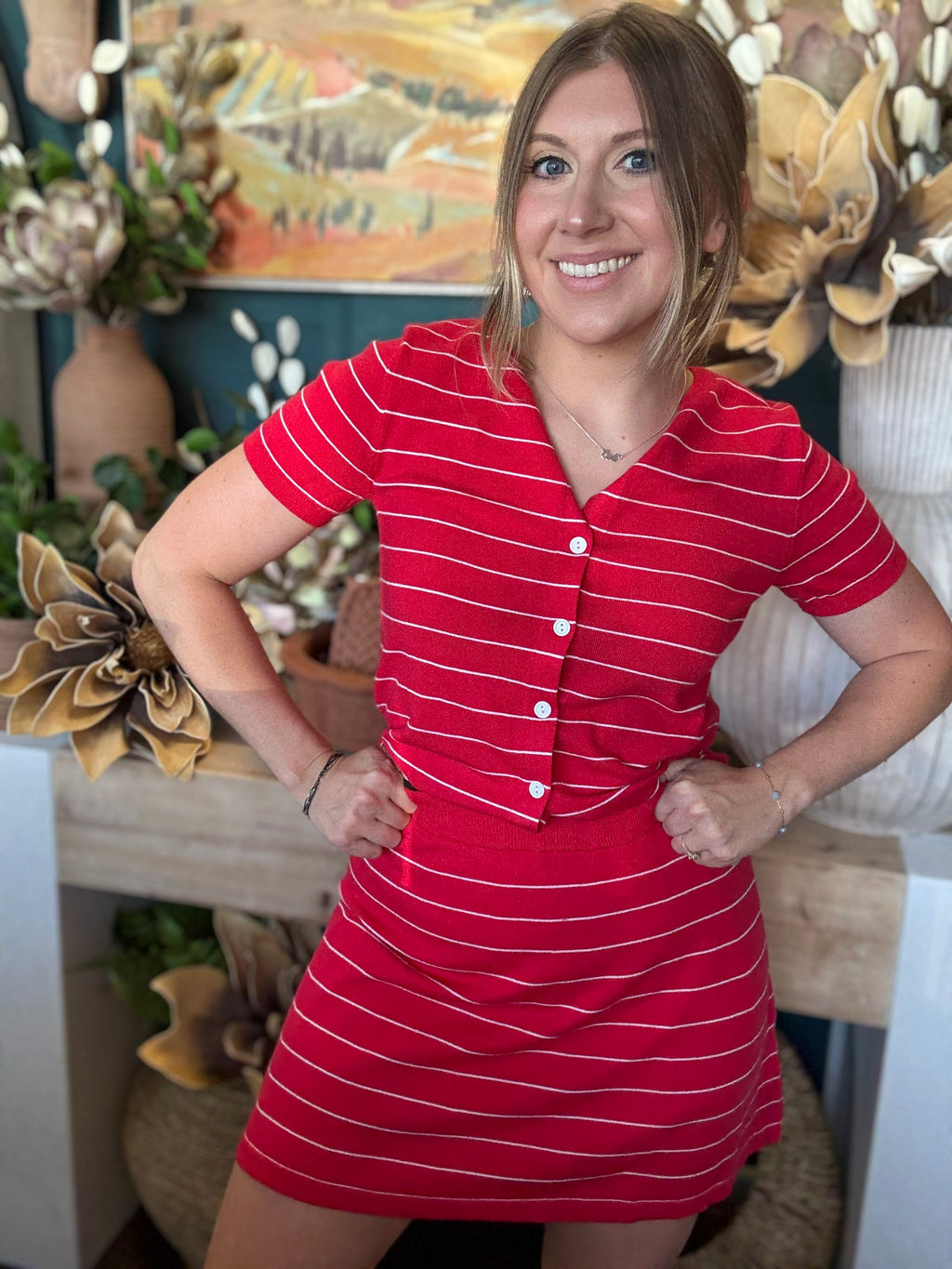 women's red pinstripe cardigan and matching mini skirt knit set