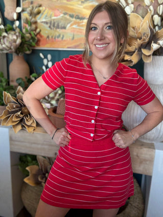 women's red pinstripe cardigan and matching mini skirt knit set