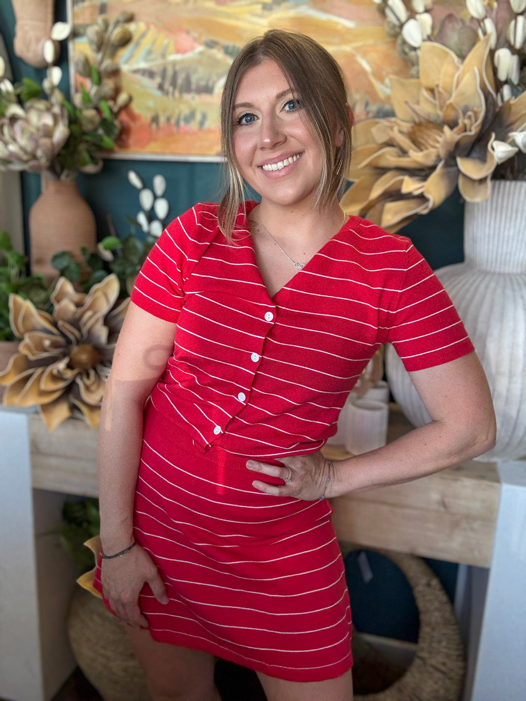 women's red pinstripe cardigan and matching mini skirt knit set