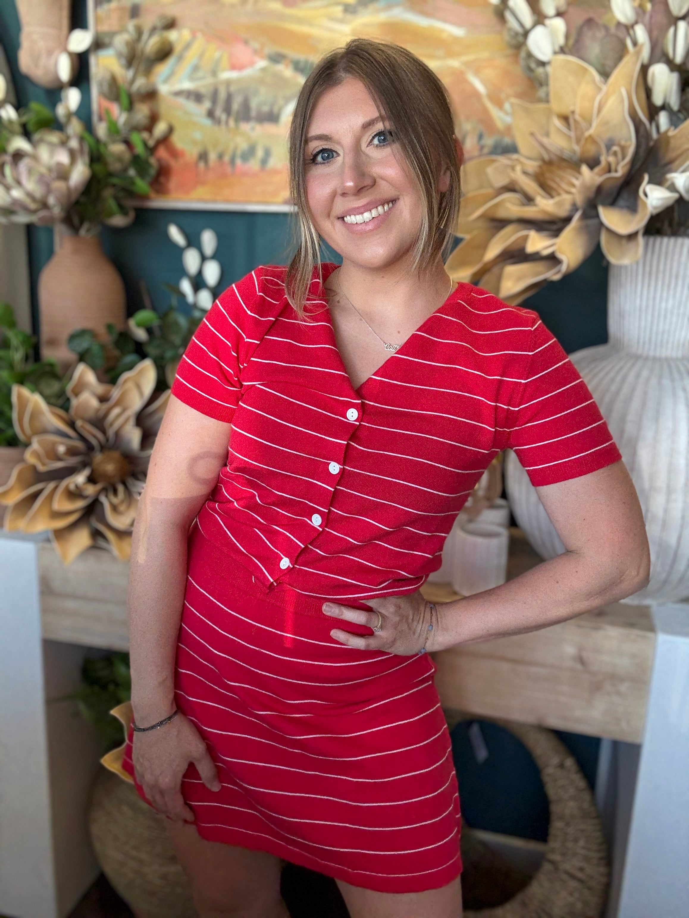 women's red pinstripe cardigan and matching mini skirt knit set
