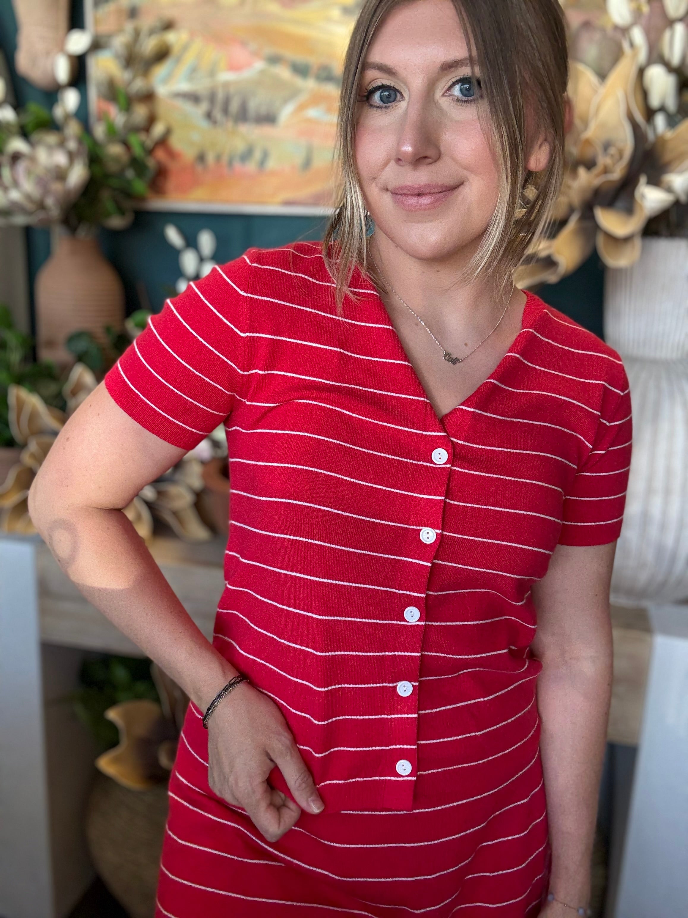 women's red pinstripe cardigan and matching mini skirt knit set