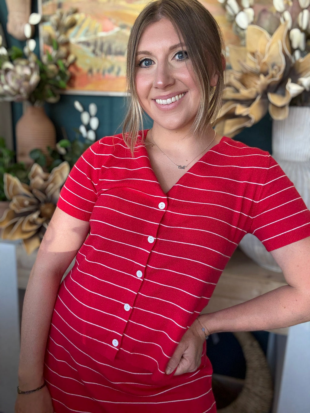 women's red pinstripe cardigan and matching mini skirt knit set