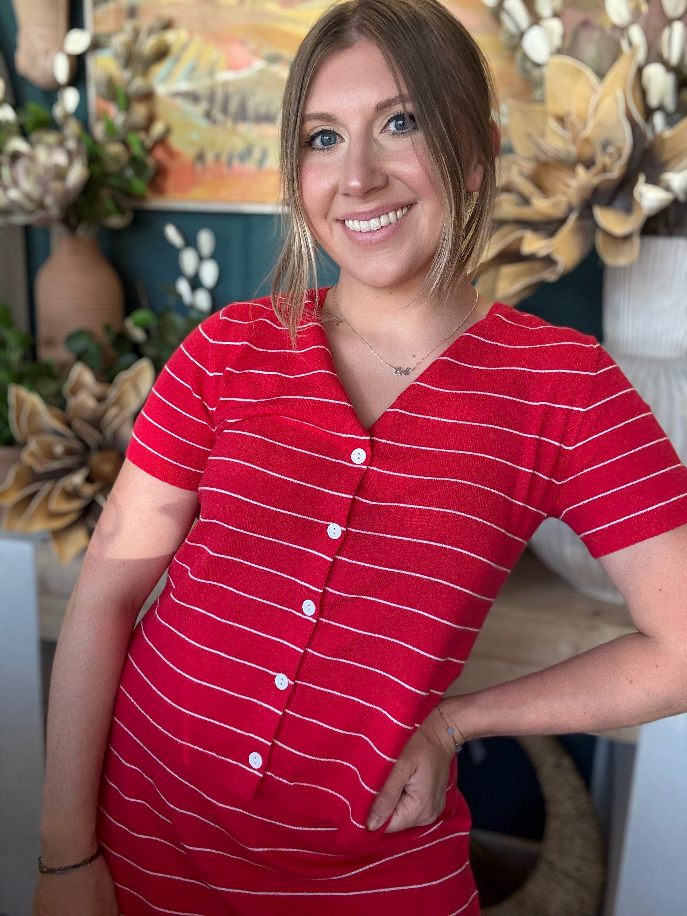 women's red pinstripe cardigan and matching mini skirt knit set