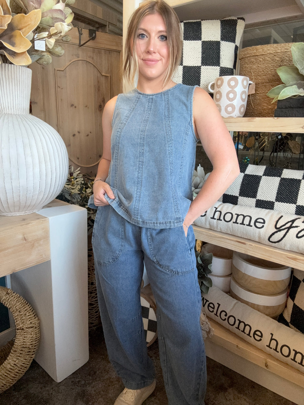 women's blue denim barrel pants with smocked waistband and oversized patch pockets