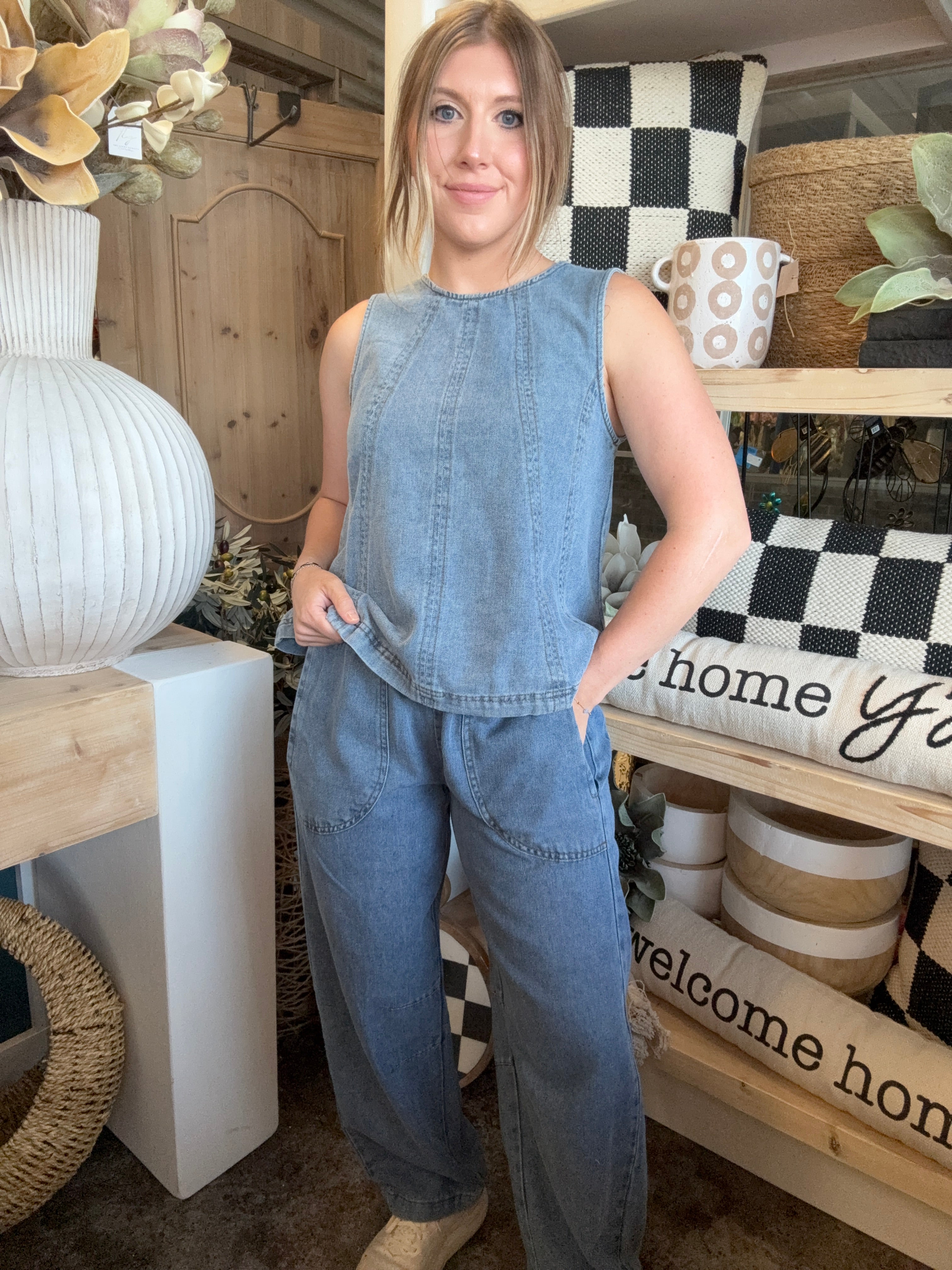 women's blue denim barrel pants with smocked waistband and oversized patch pockets