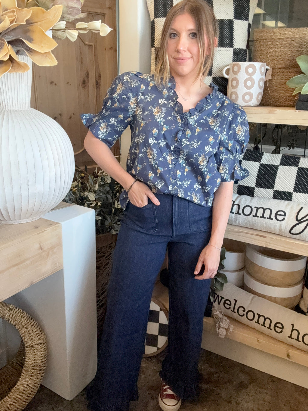 Ruffle Bottom Pants - Indigo