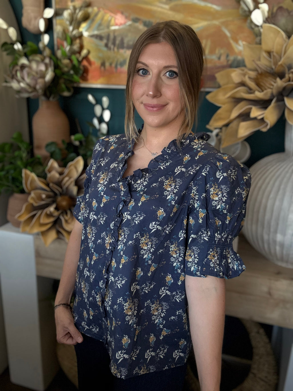 Short Sleeve Ruffled Neck Floral Top