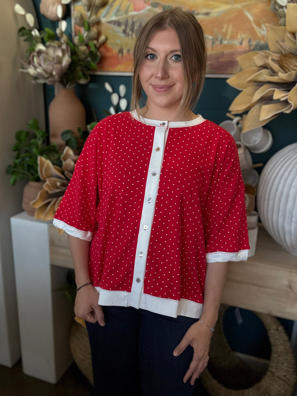 red polka dot oversized button up top with white trim and relaxed fit