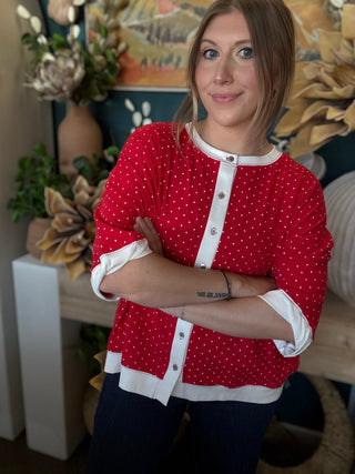 red polka dot oversized button up top with white trim and relaxed fit