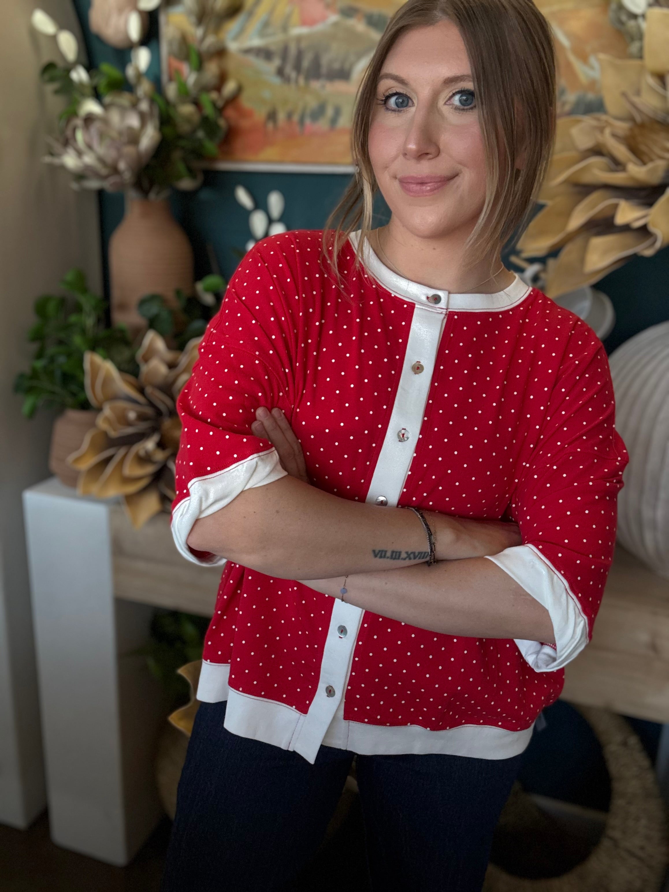 red polka dot oversized button up top with white trim and relaxed fit