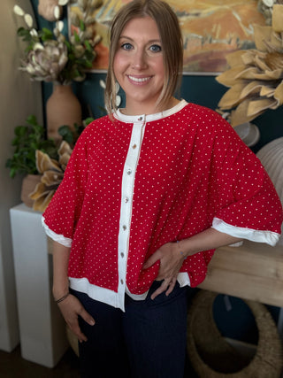 red polka dot oversized button up top with white trim and relaxed fit