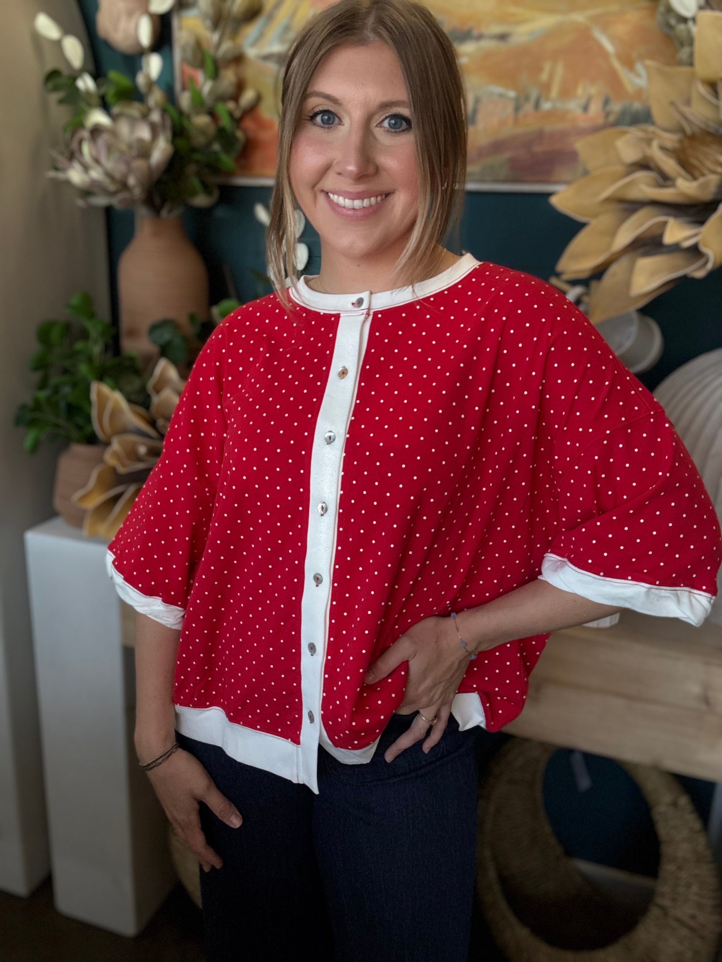 red polka dot oversized button up top with white trim and relaxed fit