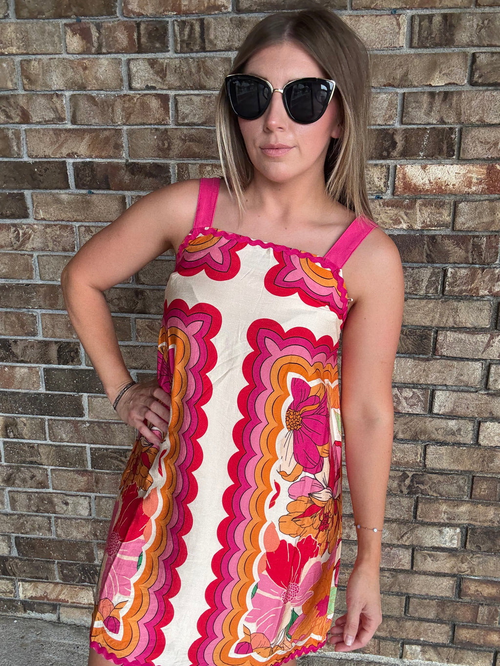 Women's colorful retro floral dress with wide straps and pink rick rack trim