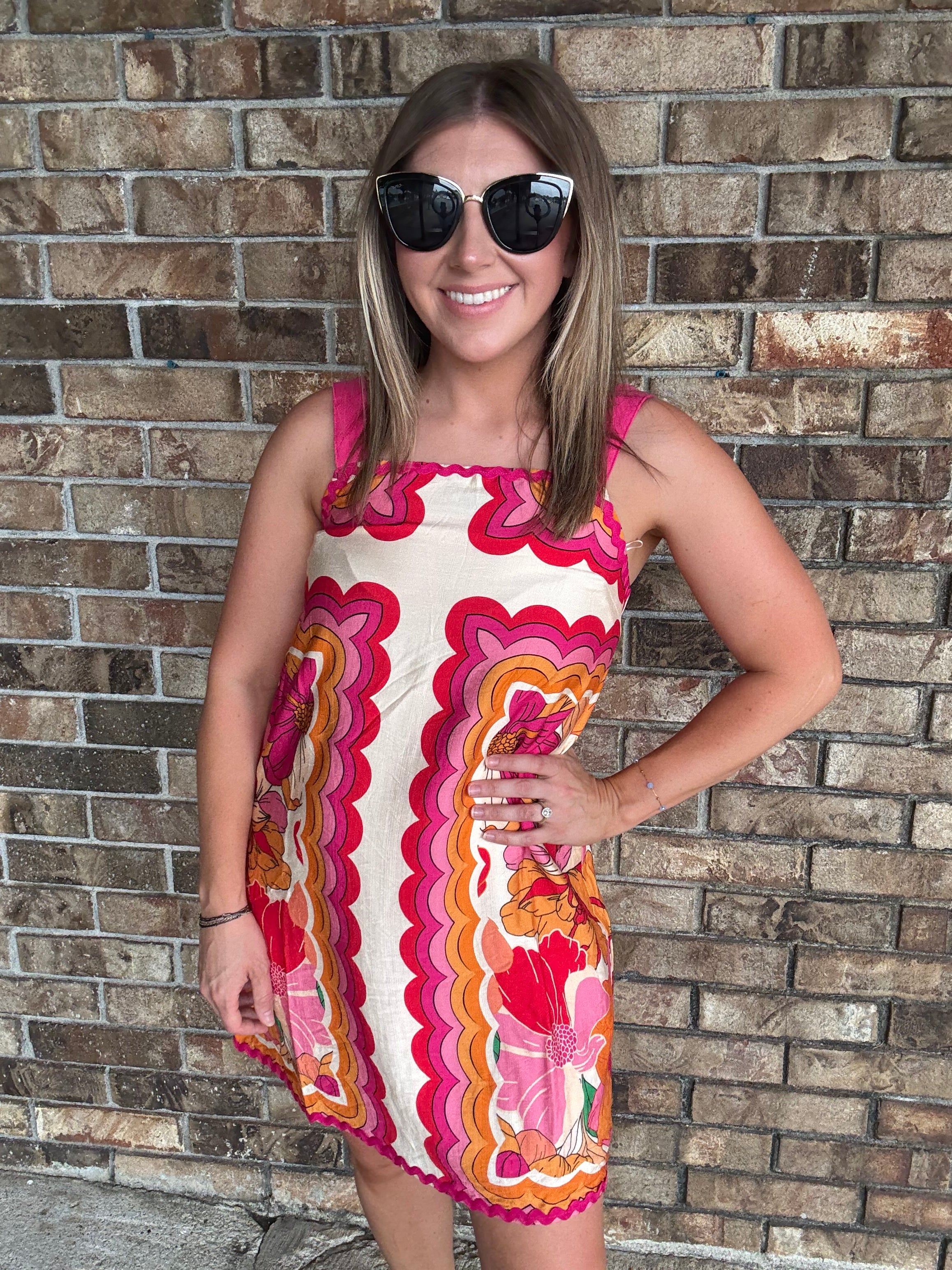 Women's colorful retro floral dress with wide straps and pink rick rack trim