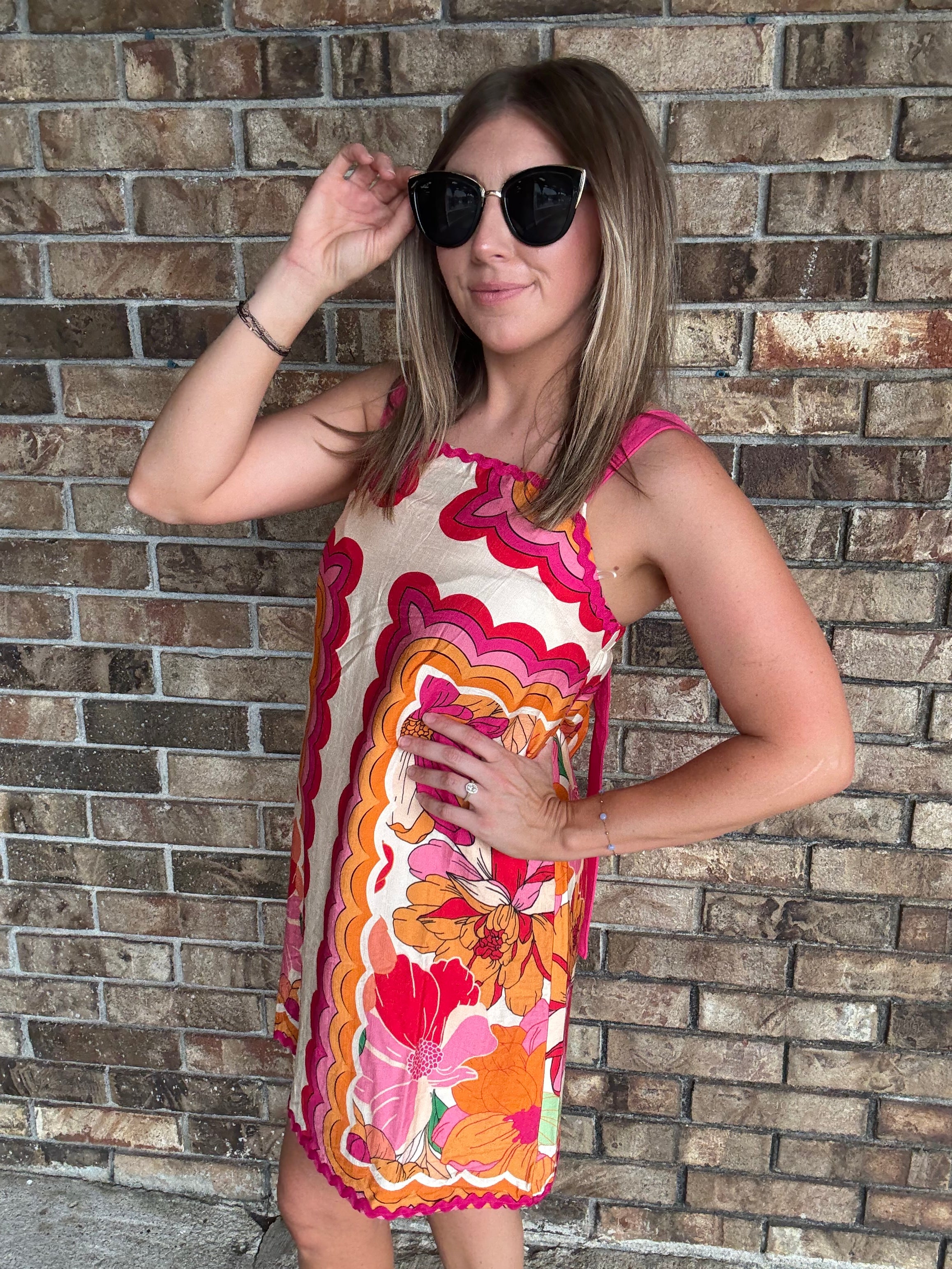Rick Rack Trimmed Wide Strap Floral Dress