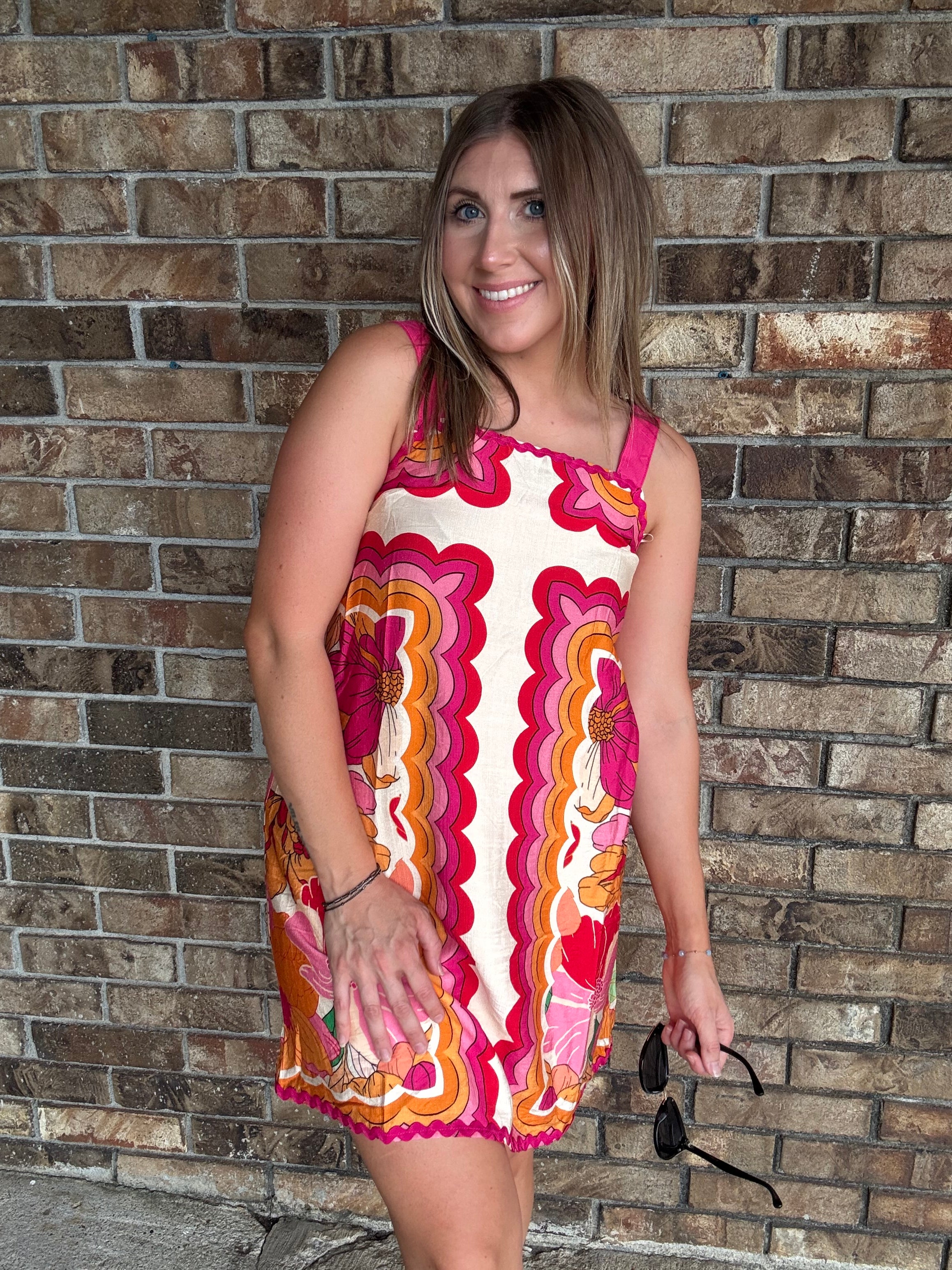 Women's colorful retro floral dress with wide straps and pink rick rack trim