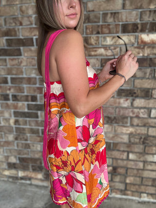 Women's colorful retro floral dress with wide straps and pink rick rack trim