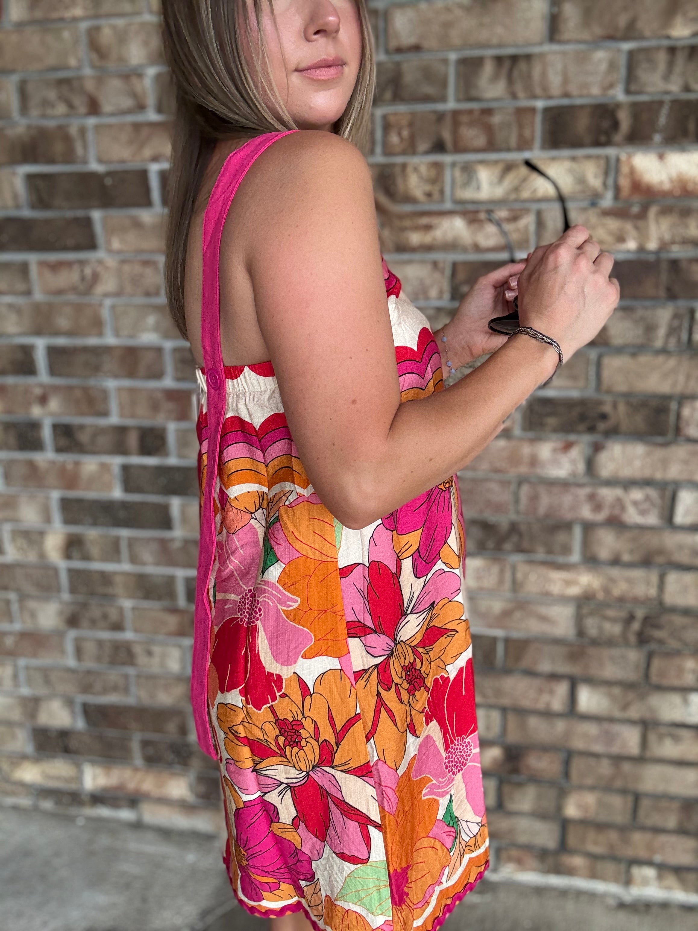 Women's colorful retro floral dress with wide straps and pink rick rack trim