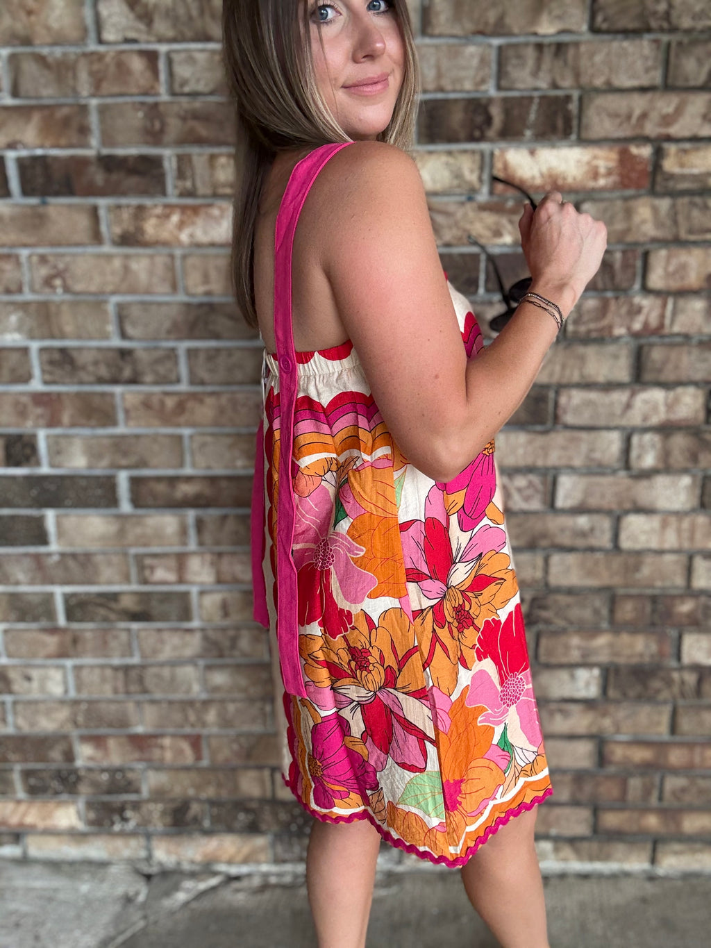 Rick Rack Trimmed Wide Strap Floral Dress