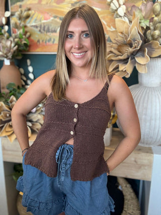 Dusty Wood Front Button Sweater Tank Top
