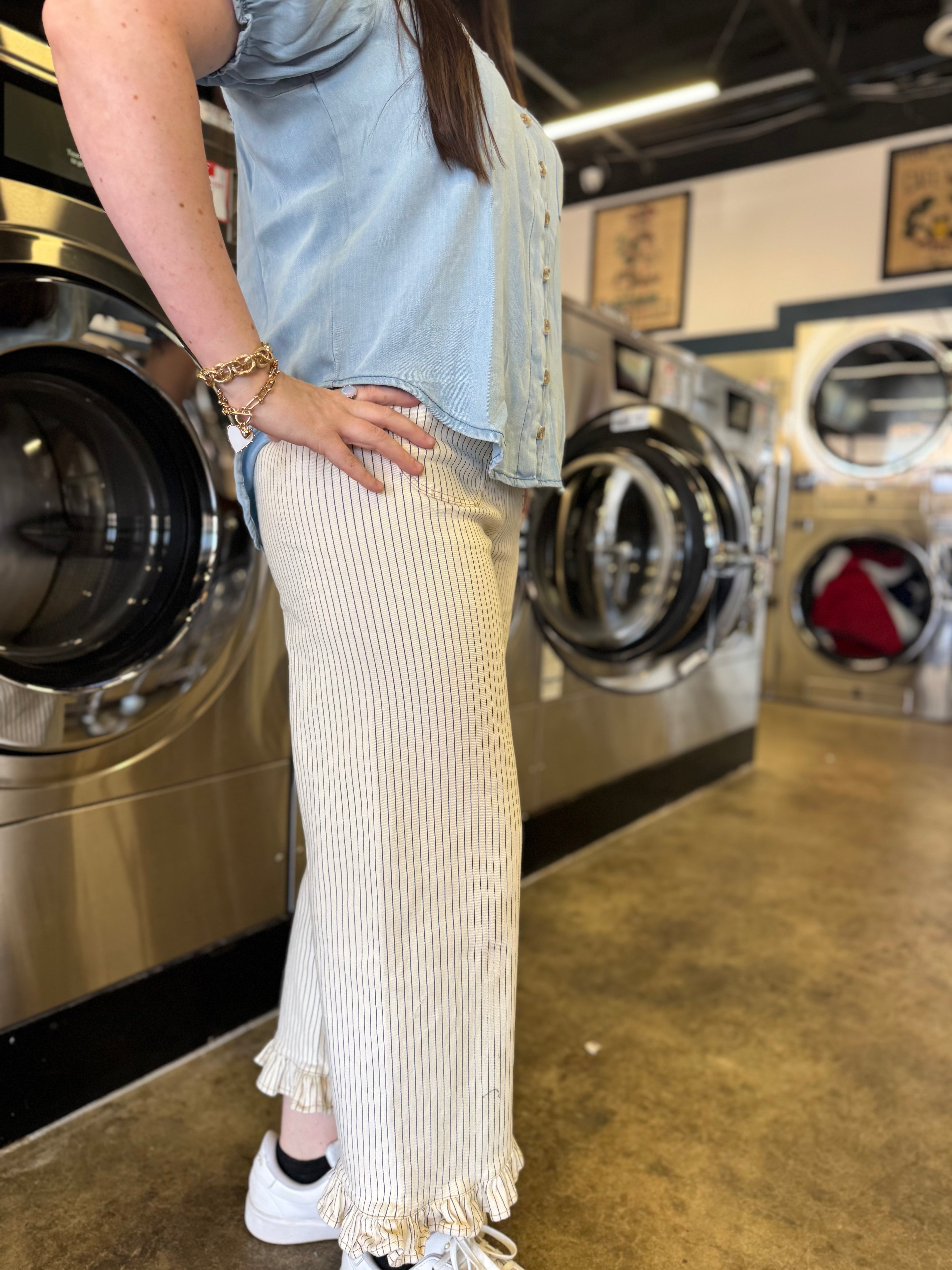 off white striped wide leg pants with ruffle hem and front pockets