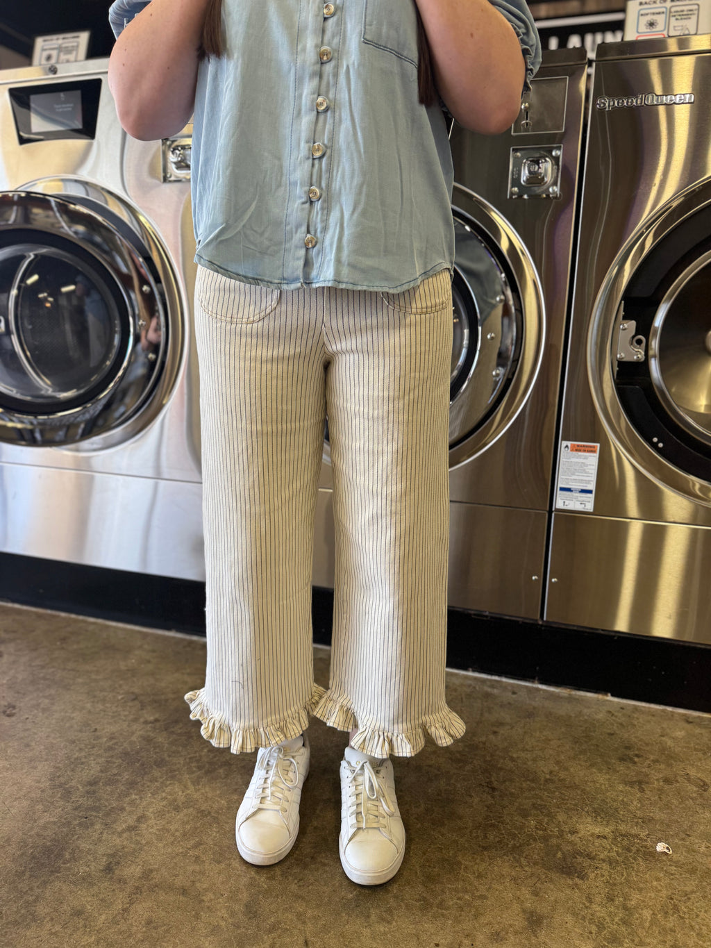 off white striped wide leg pants with ruffle hem and front pockets