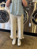 off white striped wide leg pants with ruffle hem and front pockets