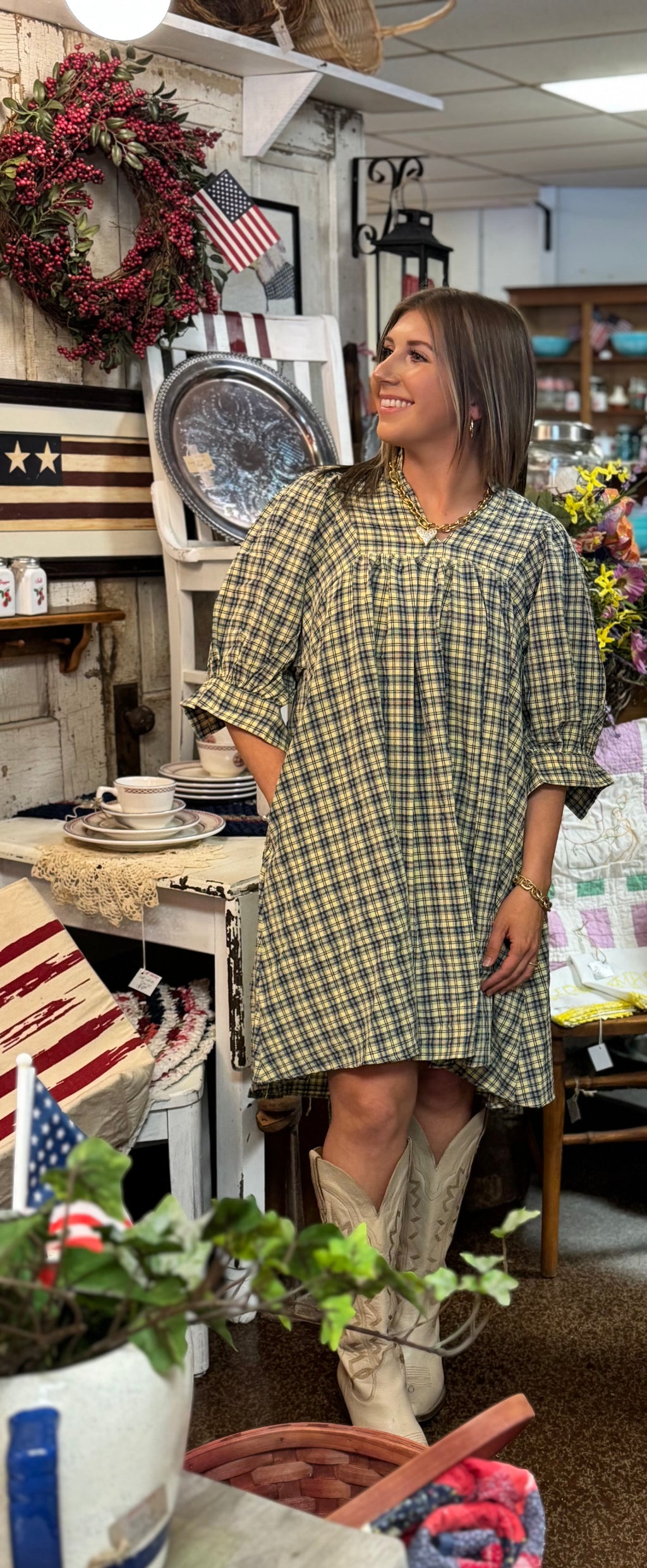 Half Sleeve Plaid Woven Dress