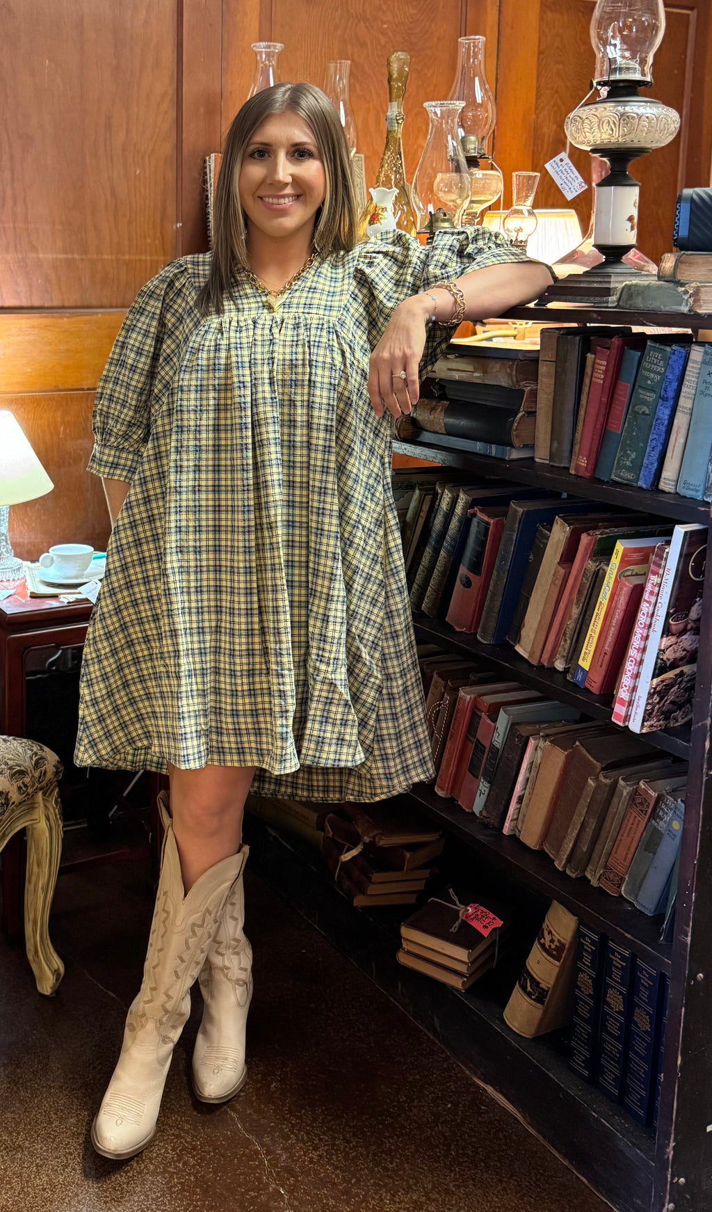 Half Sleeve Plaid Woven Dress