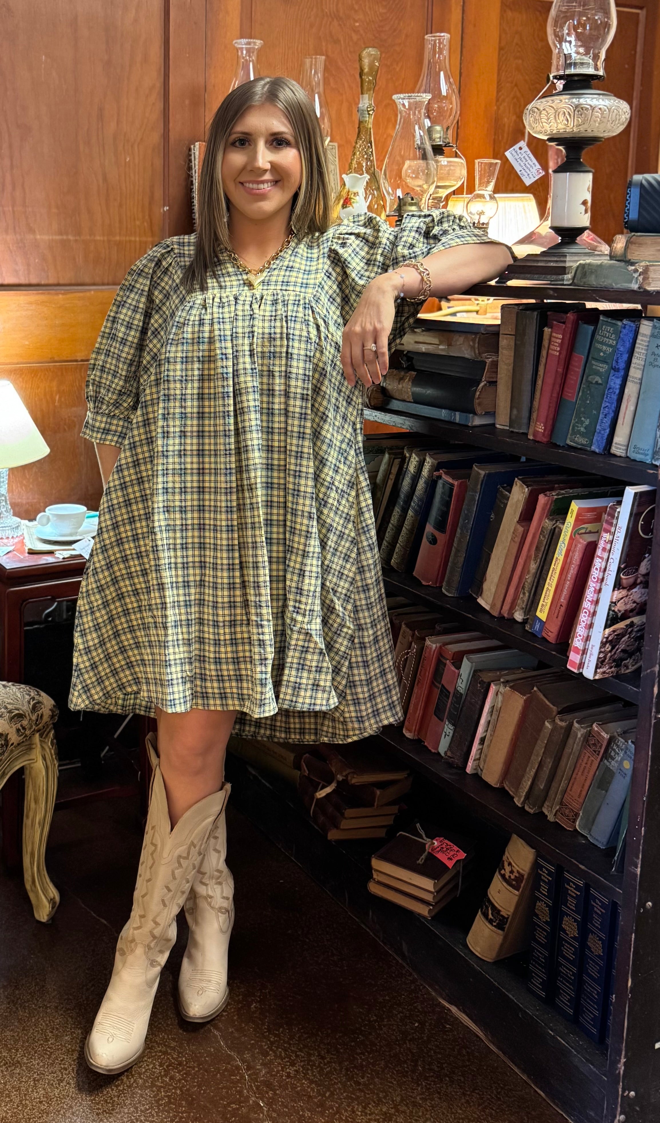 Half Sleeve Plaid Woven Dress