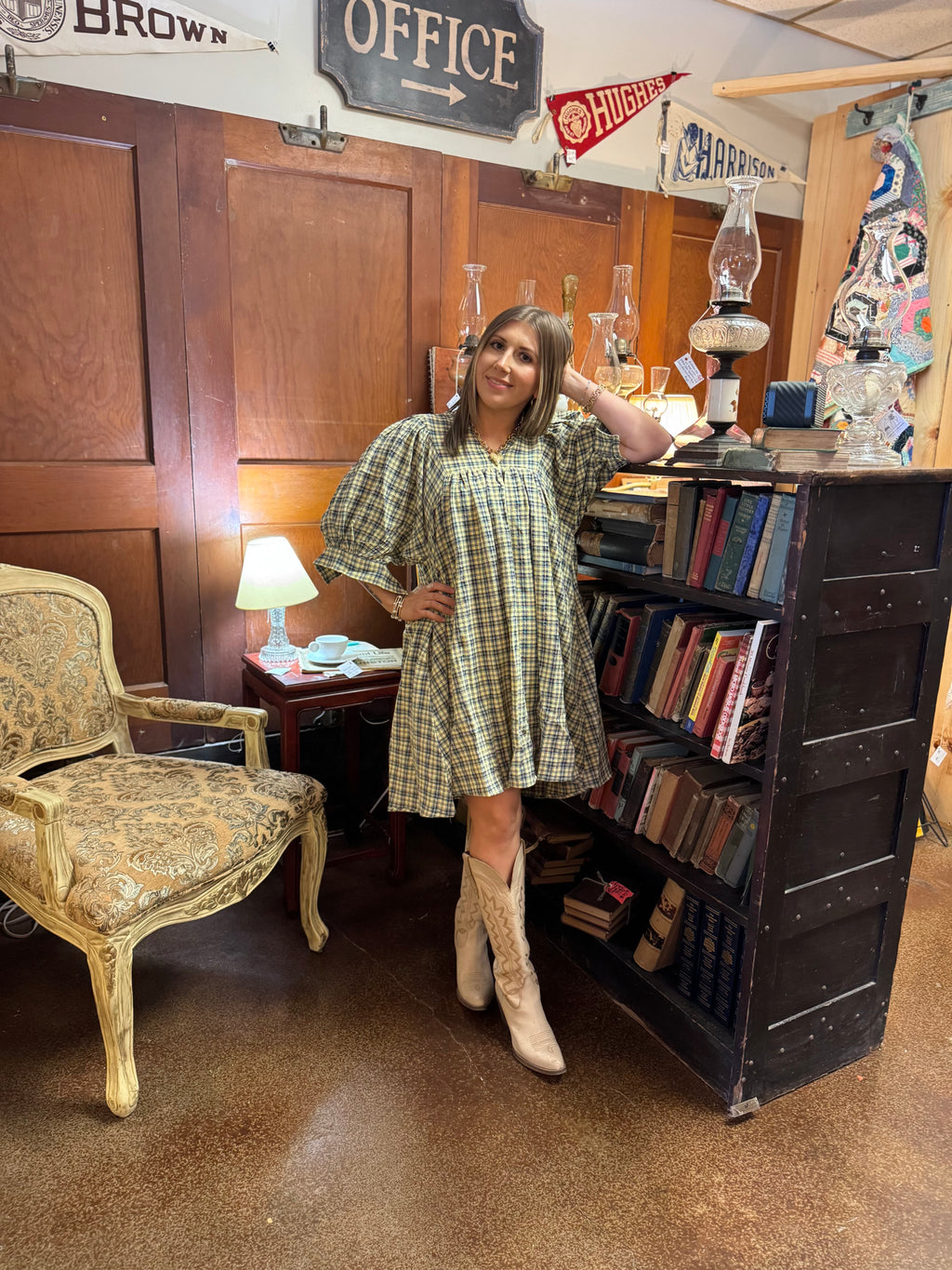 Half Sleeve Plaid Woven Dress