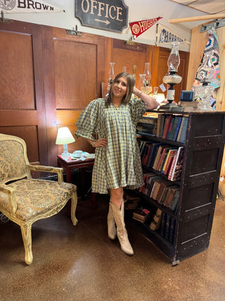 Half Sleeve Plaid Woven Dress