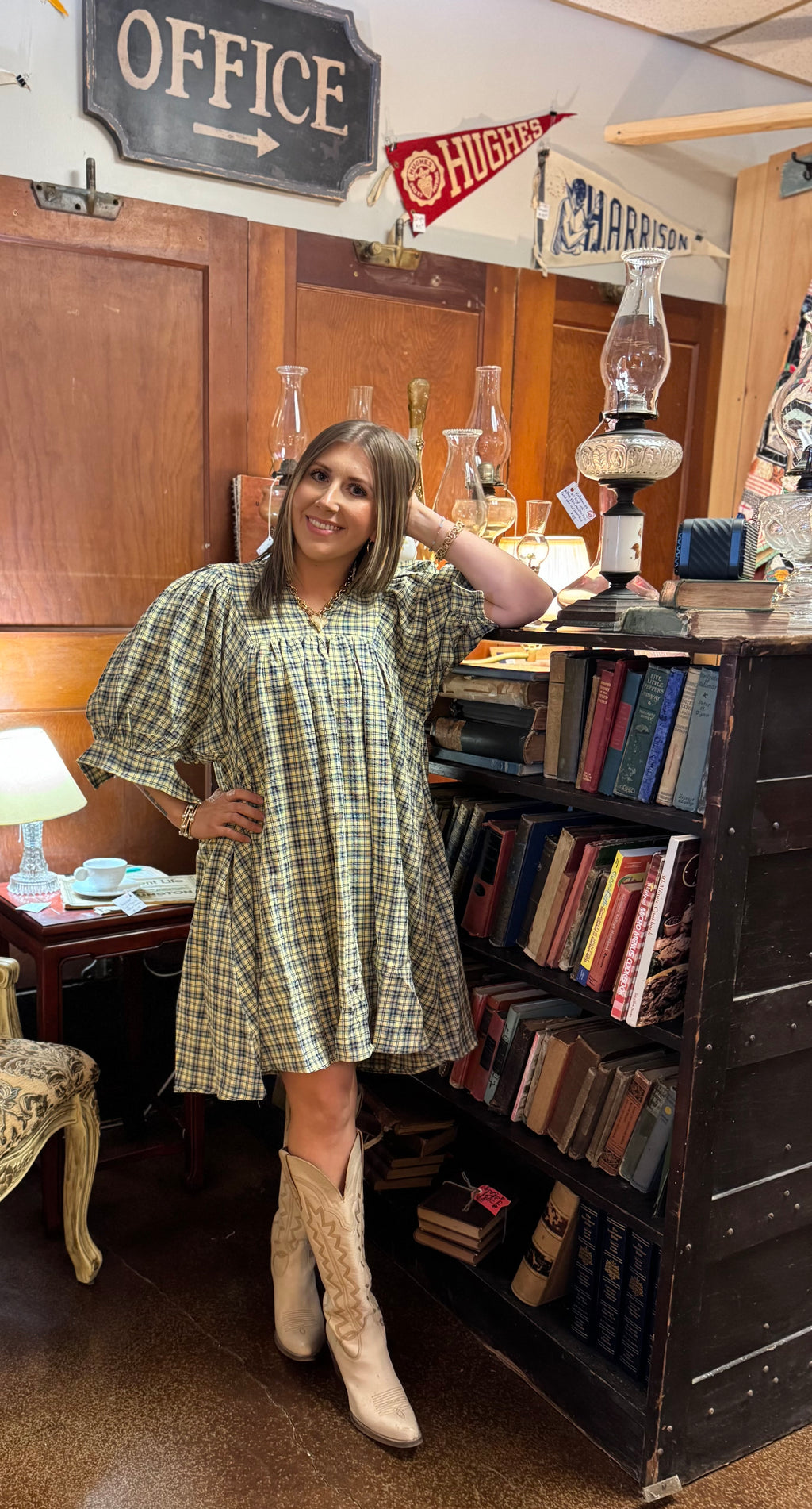 Half Sleeve Plaid Woven Dress