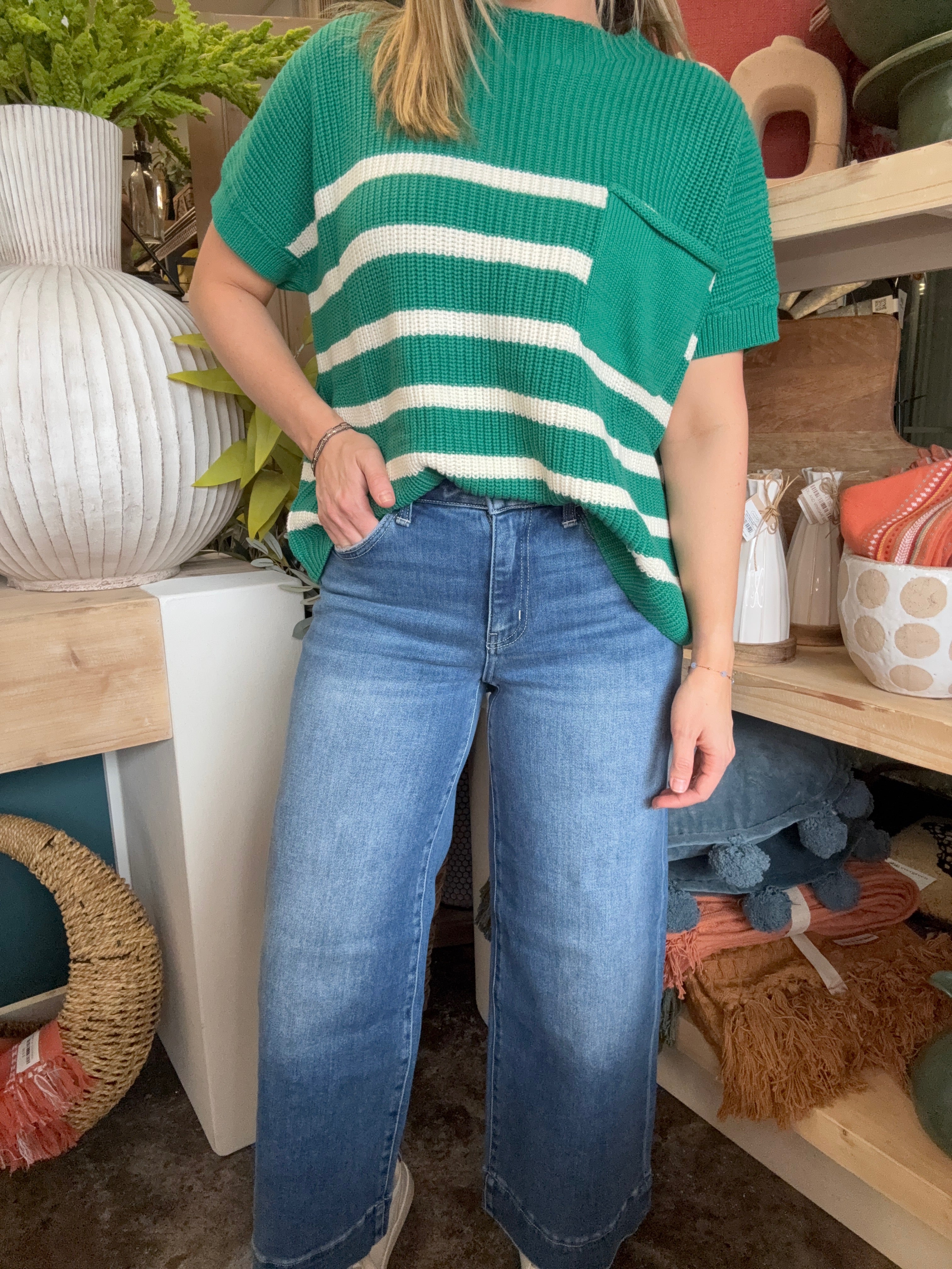 Emerald Stripe Pocket Sweater Top