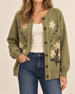 Olive floral button-front cardigan with cream contrast stitching