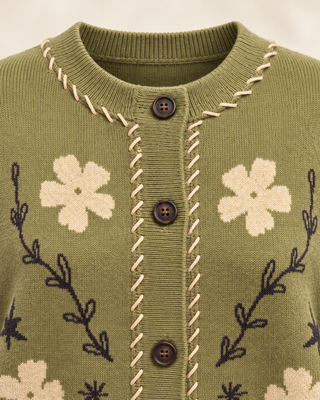 Olive floral button-front cardigan with cream contrast stitching