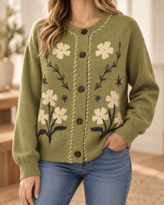 Olive floral button-front cardigan with cream contrast stitching